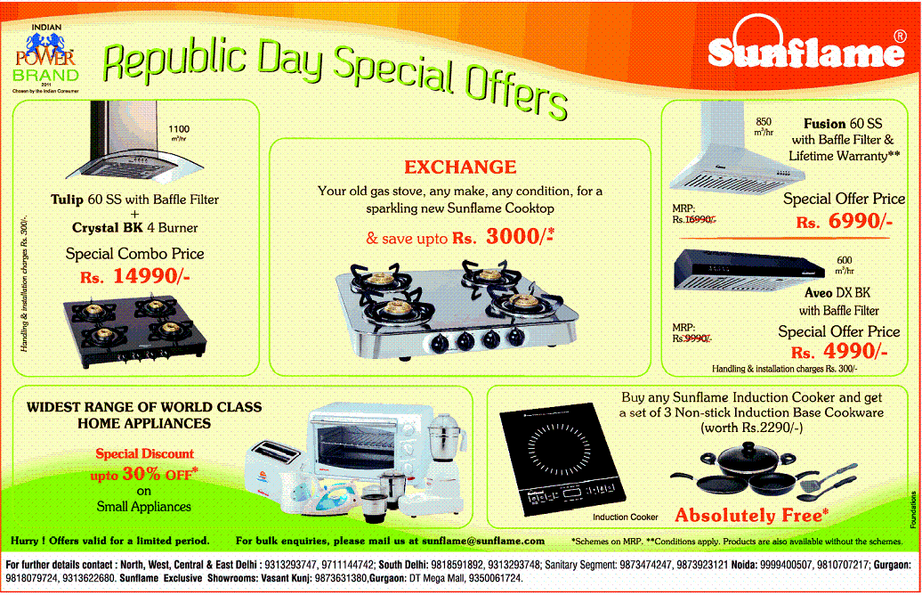 SunflameRepublic Day Special Offers starts on 20th Jan 2012 All